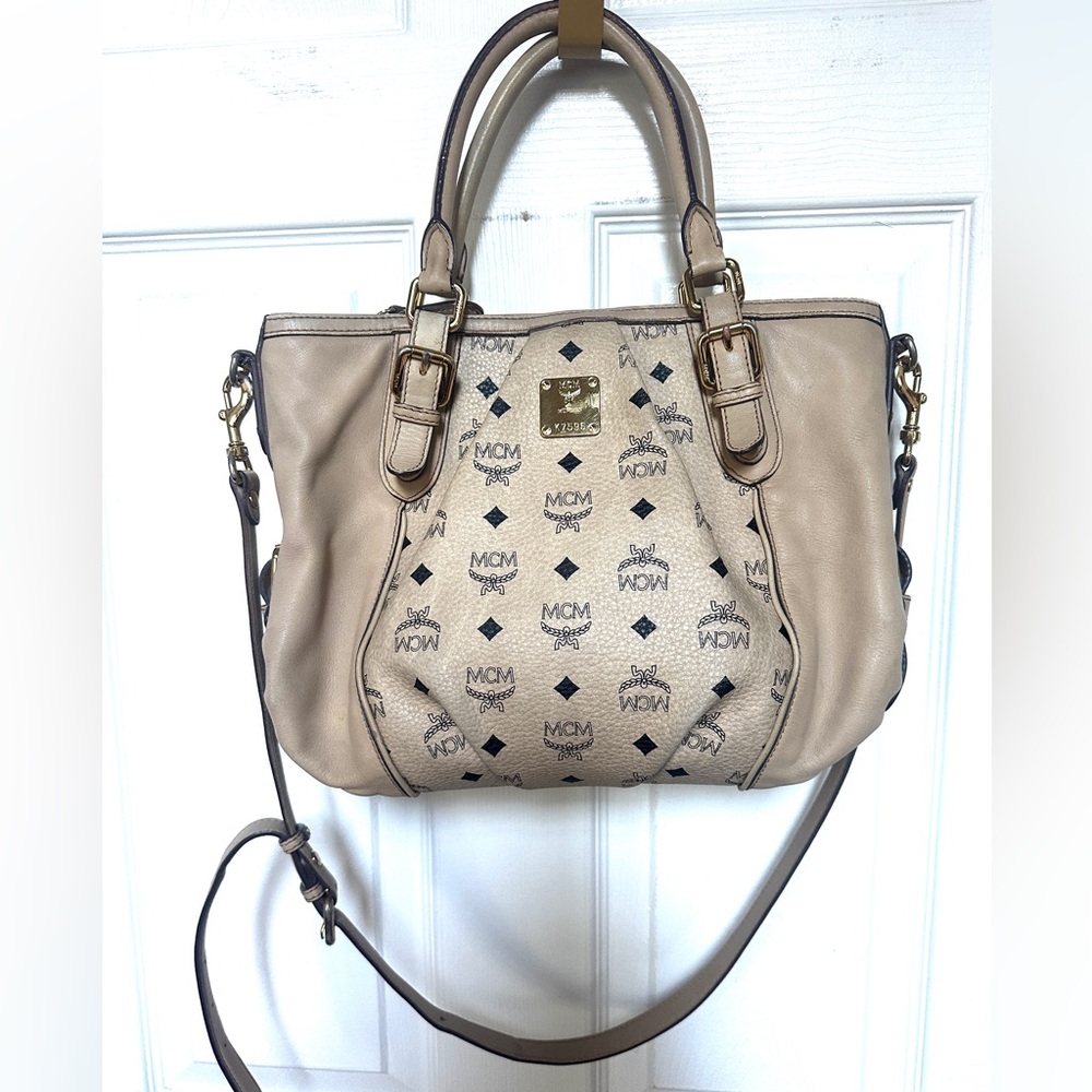 MCM Visetos Beige Logo Satchel with Removable Strap and Gold-Tone Hardware